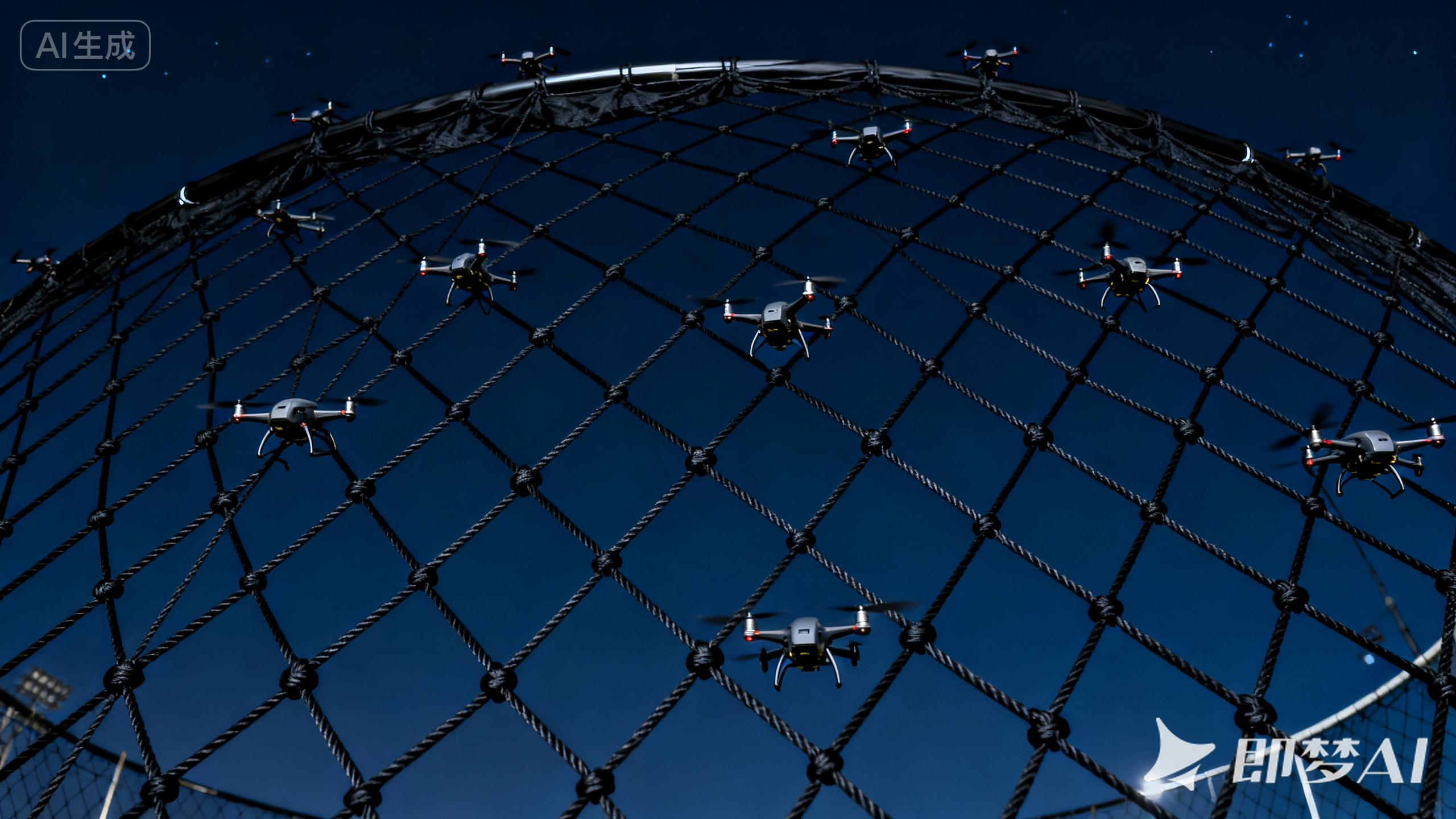 Knotted drone safety net installed over a stadium for long-term overhead protection
