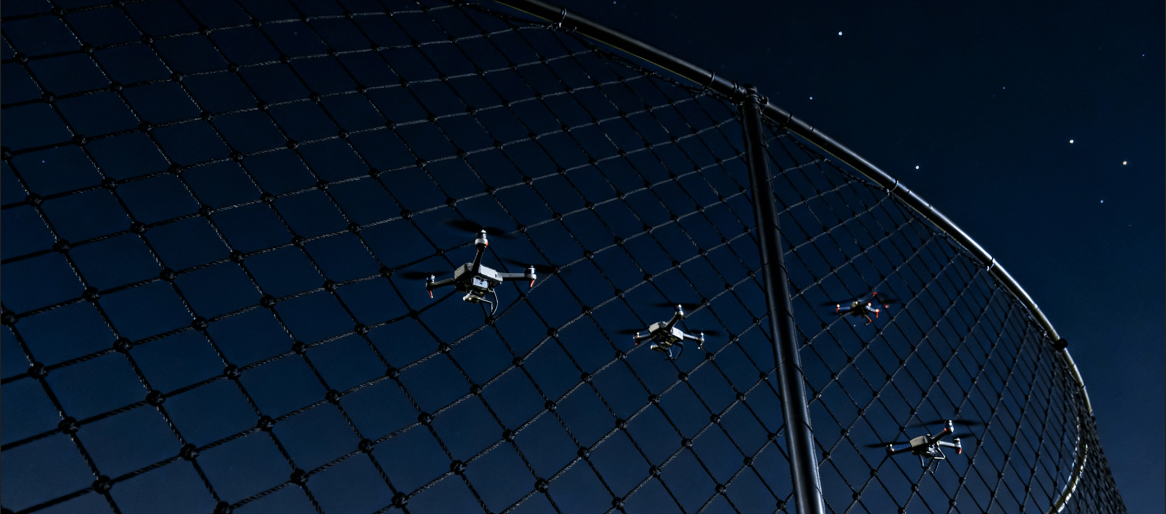 High-strength knotted anti-drone safety netting for fixed overhead and temporary perimeter protection
