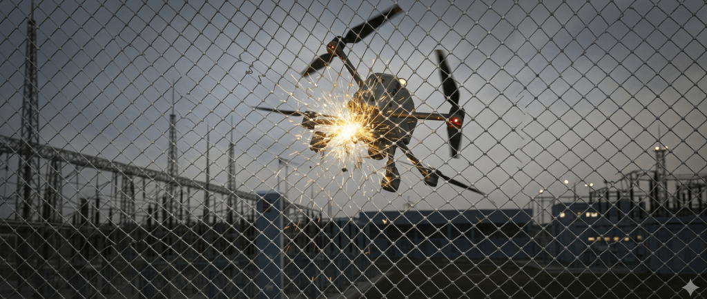High-tensile stainless steel rope net providing impact-resistant drone protection for electrical substations and power grids.