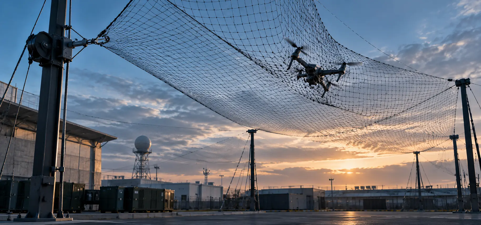 Anti-drone netting protecting a critical infrastructure facility