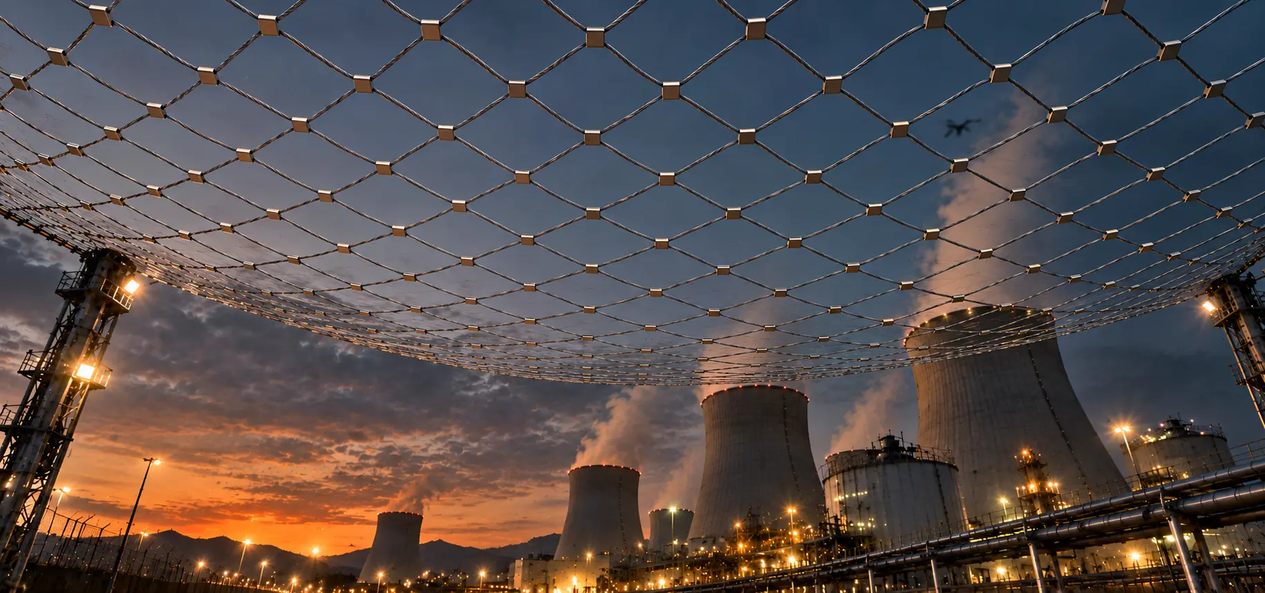 Protective steel rope net installed above a power plant for high-impact drone defense